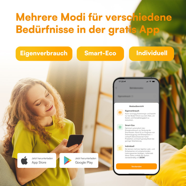 Kostenlose SunMini-App mit den Betriebsmodi Eigenverbrauch, Smart-Eco und Individuell