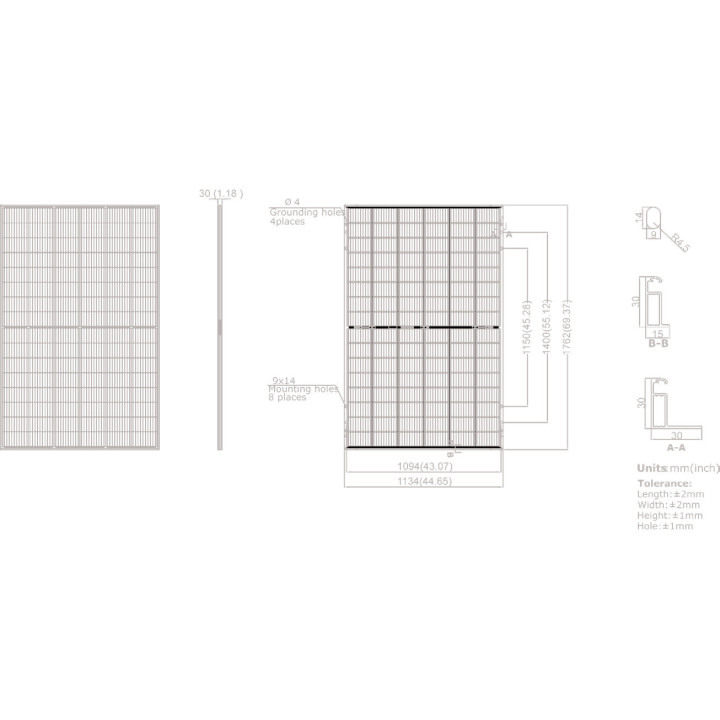 Maßzeichnung SunCatcher: 1.762 × 1.134 × 30 mm mit Montage- und Erdungsbohrungen