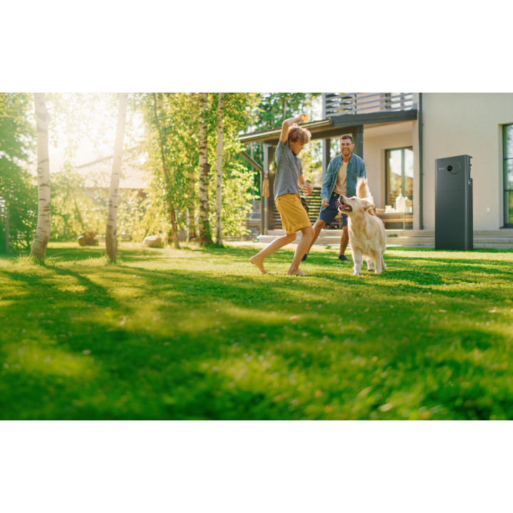 SunSaver an der Hauswand, davor spielt eine Familie mit Hund im Garten