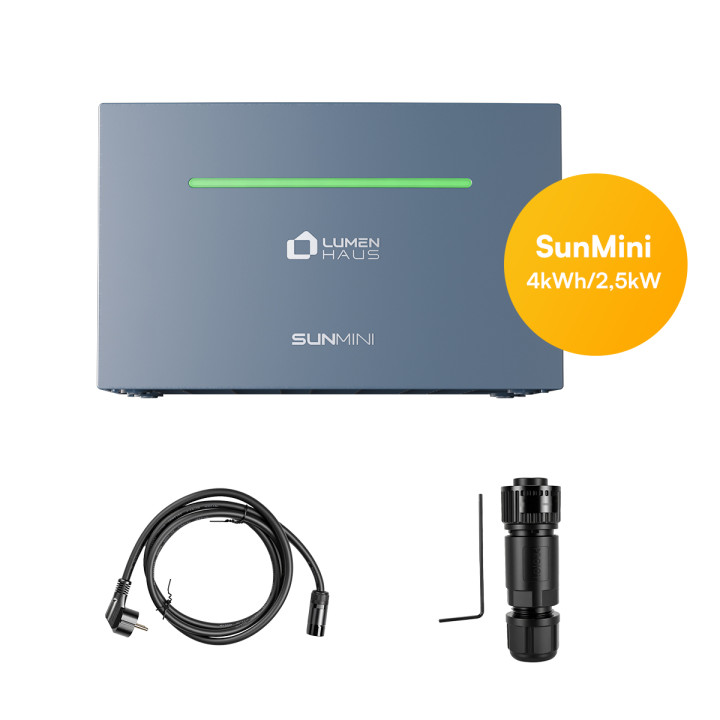 Lieferumfang: SunMini 4 kWh, Schuko-Anschlusskabel, Steckverbinder und Innensechskantschlüssel