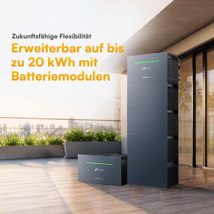 SunMini mit gestapelten Batteriemodulen, erweiterbar auf bis zu 20 kWh