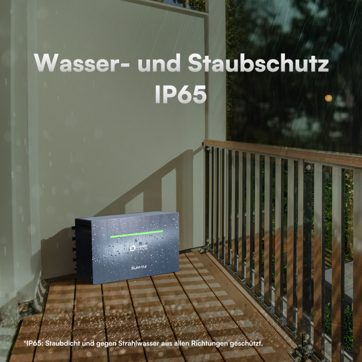 SunMini im Regen auf dem Balkon: Schutzart IP65, staub- und strahlwassergeschützt
